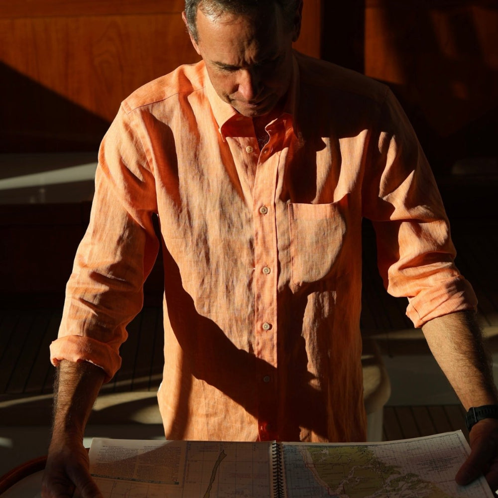 Captain's Button - down Collar Linen Shirt - Atlantic Rancher CompanyCaptain's Button - down Collar Linen ShirtShirtsAtlantic Rancher CompanyCapt - 02 TangerineTangerineMCaptain's Button - down Collar Linen Shirt